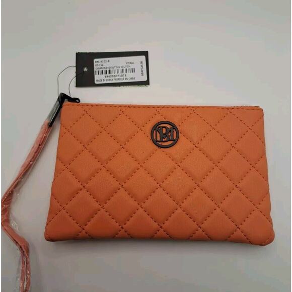 Studio Badgley Mischka Diamond Quilting Clutch Wristlet Coral‎ Vegan Leather - Picture 1 of 7